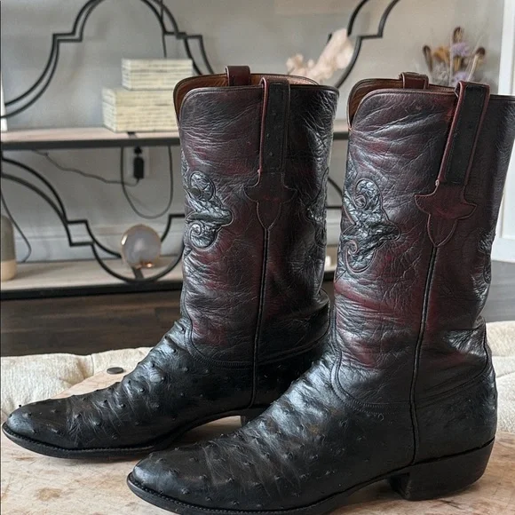 Lucchese Men’s 11.5 Handmade Black Cherry Full Quill Ostrich Cowboy Boots - Picture 3 of 7
